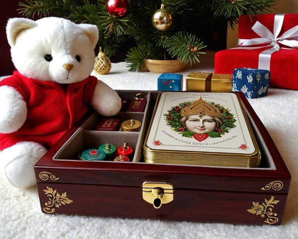 Plush White Bear and Ornate Box in Holiday Setting