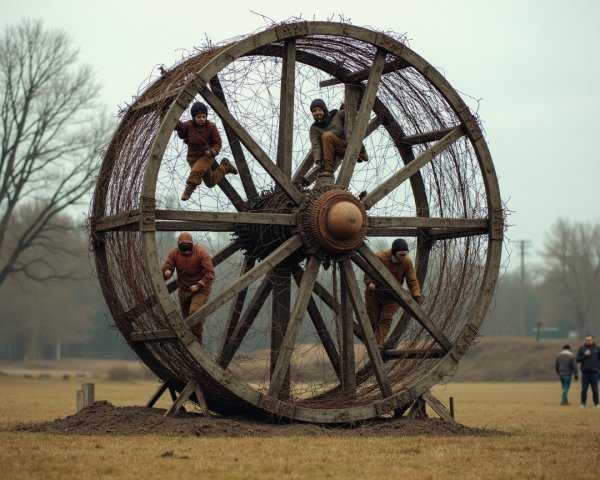 Wood and vine sculpture with people in an open field