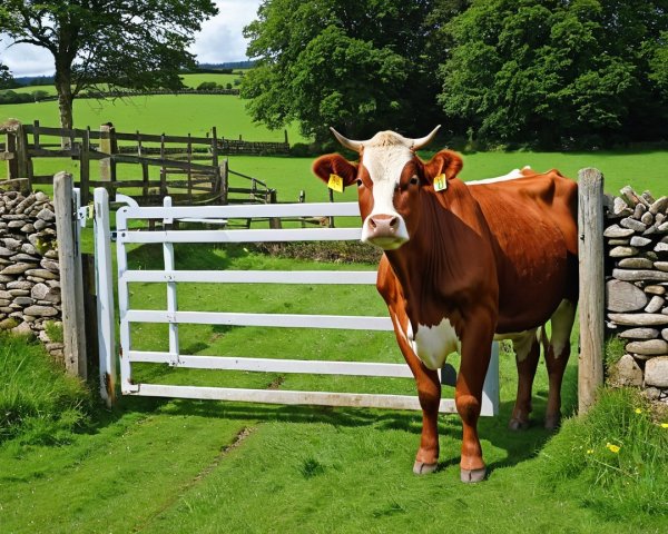Brown and white cow at a serene rural entrance