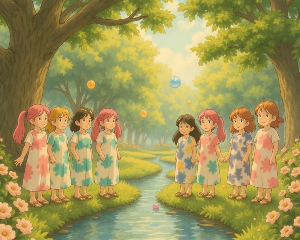 Cheerful Girls in Colorful Dresses by a River
