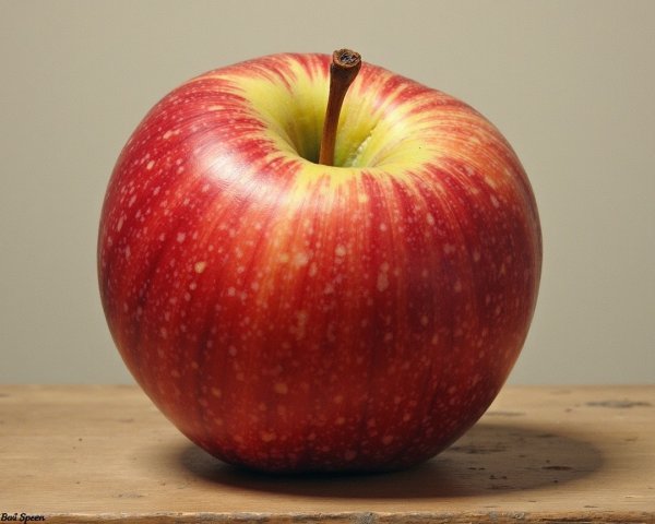 Vibrant Red Apple on Wooden Surface with Glossy Skin