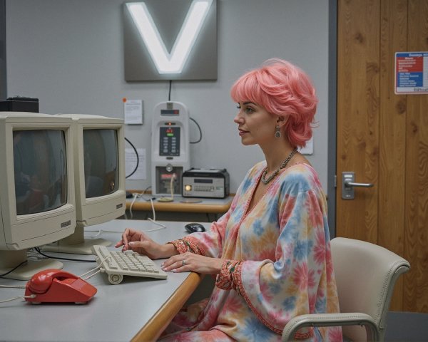 Woman with Pink Hair at Retro Workstation Setup