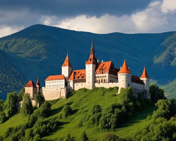 Majestic castle on a green hill with mountains backdrop