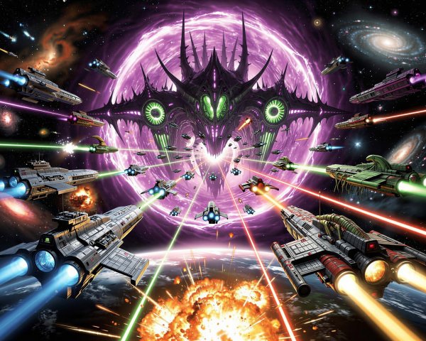 Spaceships in Battle Near Purple Vortex and Fortress