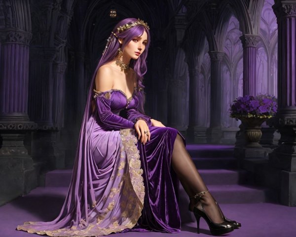 Elegant Woman in Purple Dress in Gothic Setting