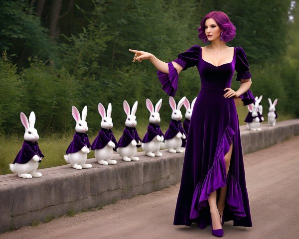 Woman in Purple Gown with Rabbits in Capes