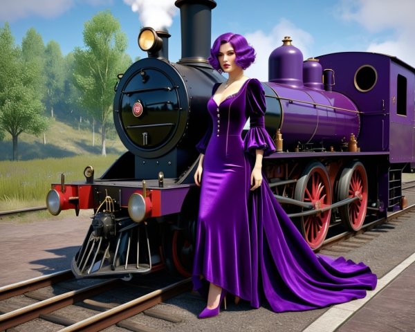 Woman in Purple Gown Beside Vintage Purple Locomotive