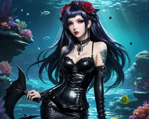 Underwater Scene of a Gothic Woman with Coral and Fish