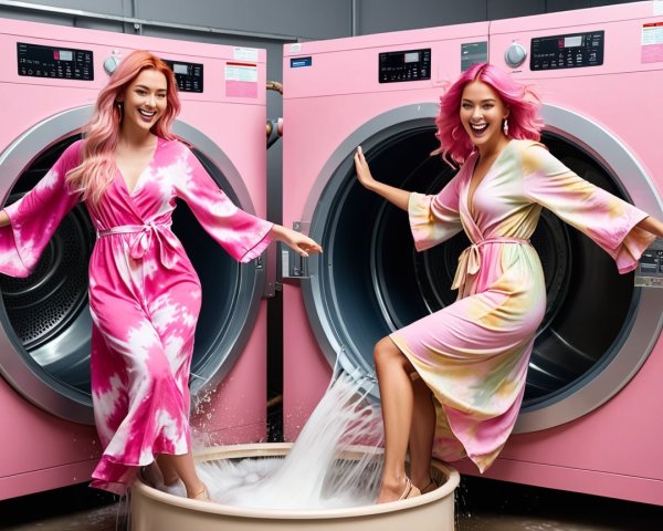 Women with Pink Hair in Playful Laundry Scene
