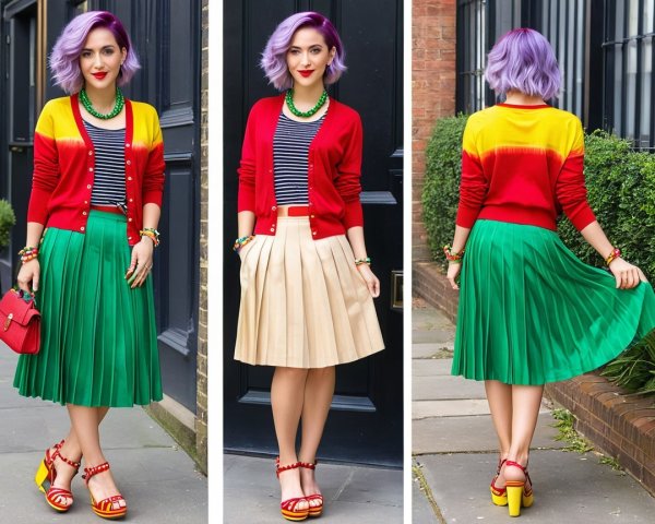 Lavender-haired individual in two distinct outfits