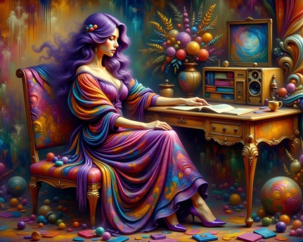 Surreal Scene of Woman Reading at Ornate Desk