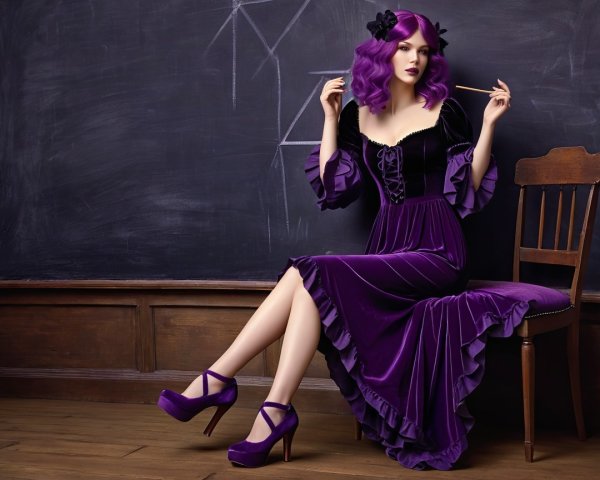 Elegant Woman in Purple Dress with Geometric Background