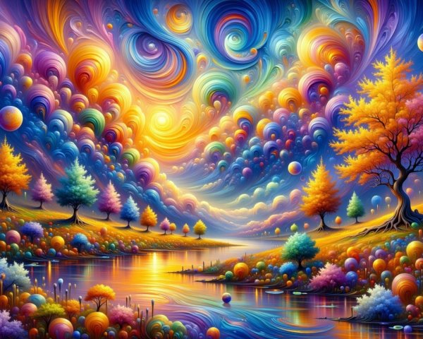 Vibrant Colorful Landscape with Whimsical Trees