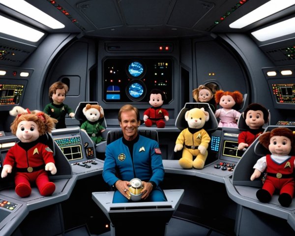 Whimsical Control Room with Plush Dolls in Spaceship