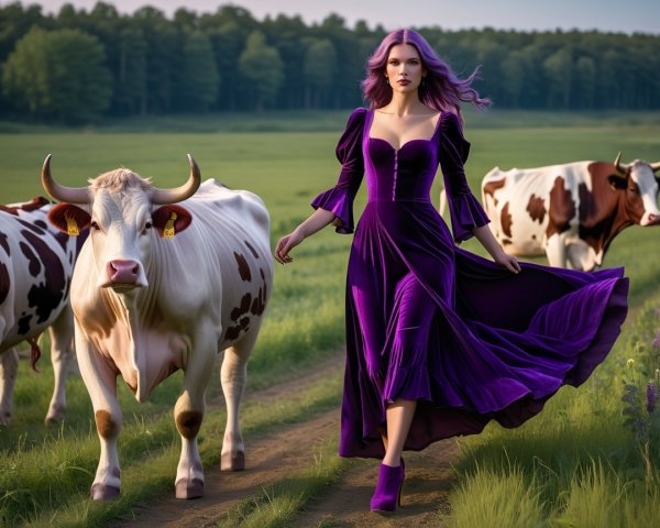 Woman in Purple Dress Walking Through Green Field