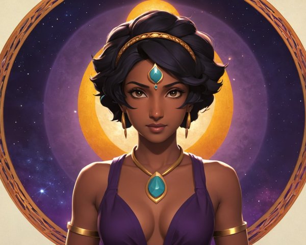 Character with Curly Hair in Purple Dress and Jewelry