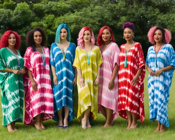 Group of Women in Colorful Kaftans in Green Field
