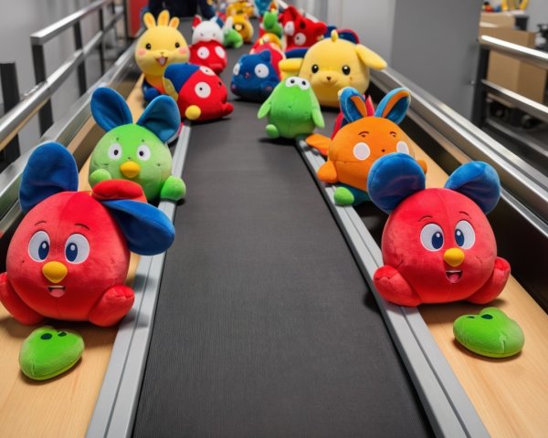 Colorful Plush Toy Characters on a Conveyor Belt