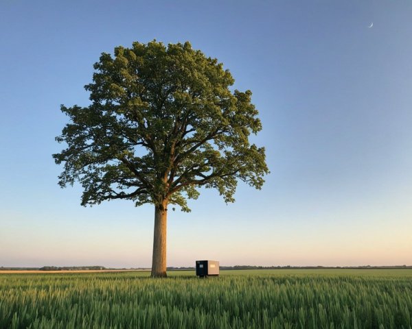 Tall tree in green field with crescent moon and structure
