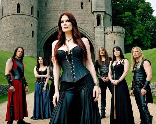 Musicians in Dark Attire Before Grand Stone Castle