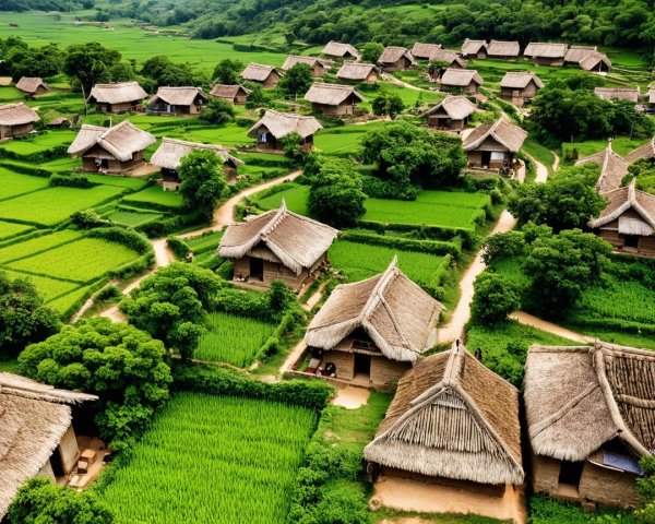Rural Landscape with Thatched-Roof Homes and Rice Paddies