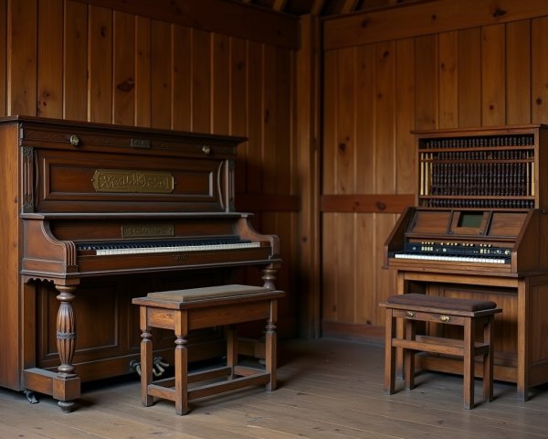 Vintage Wooden Instruments in a Rustic Room
