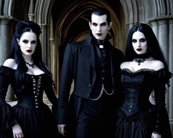 Elegantly Dressed Individuals in Gothic Setting