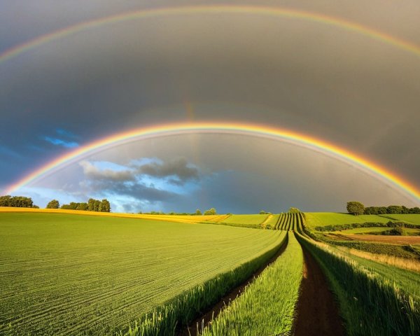 Lush Green Fields with Double Rainbow and Dramatic Sky