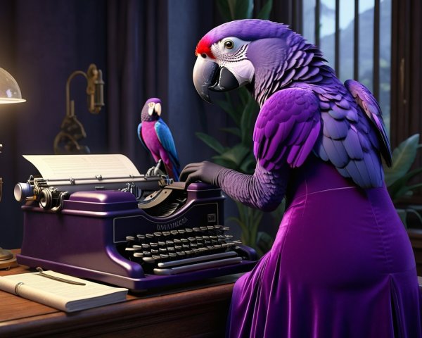 Whimsical scene of a purple parrot typing at a typewriter