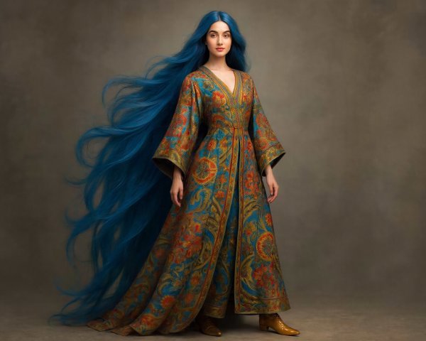Young Woman with Long Blue Hair in Floral Robe