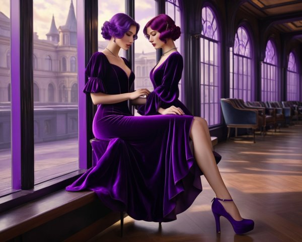 Elegant Women in Purple Velvet Dresses in Luxurious Setting