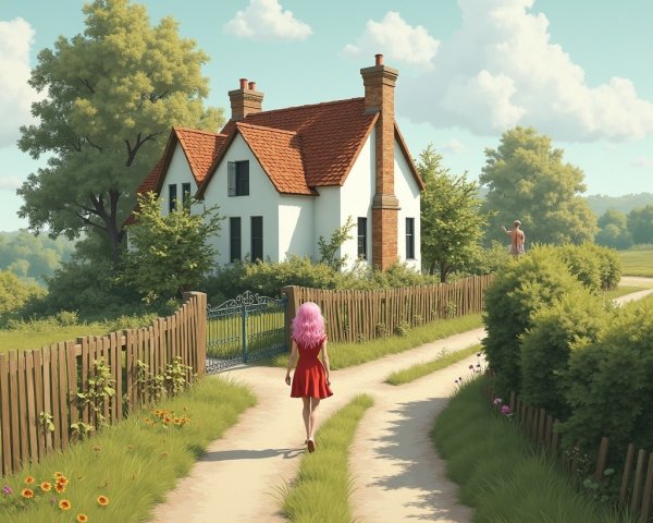 Countryside Scene with House, Girl, and Lush Nature