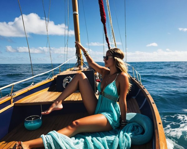 Woman in Turquoise Swimsuit on Sailboat Deck
