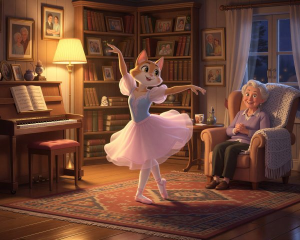 Cozy Living Room with Dancing Fox Ballerina Scene