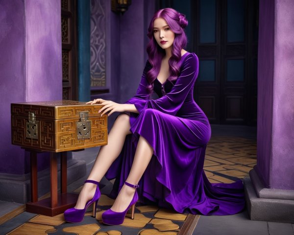 Elegant Woman in Purple Velvet Gown Beside Chest