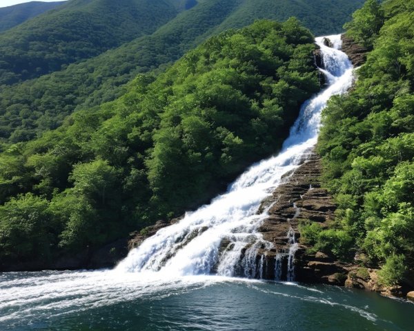 Waterfall Surrounded by Forests and Mountains