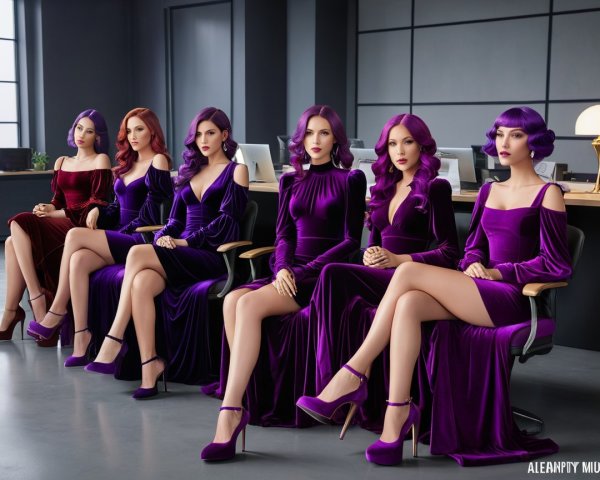 Group of Women in Elegant Purple Velvet Dresses