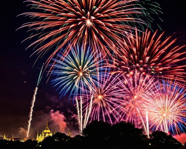 Vibrant Fireworks Illuminate Night Sky and Trees