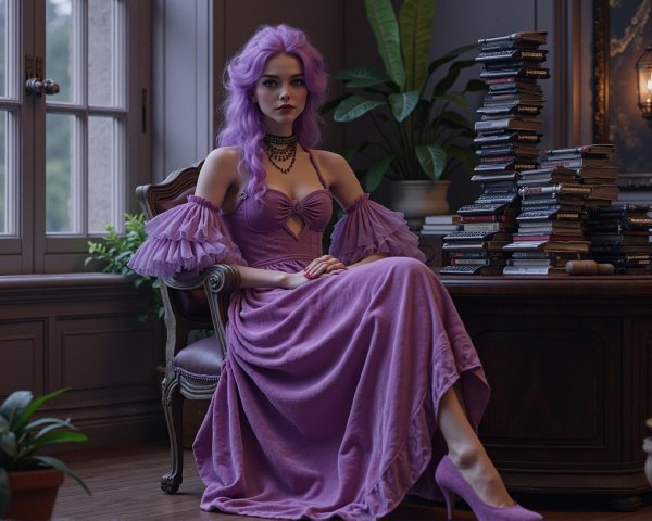 Lavender-haired woman in elegant purple gown indoors