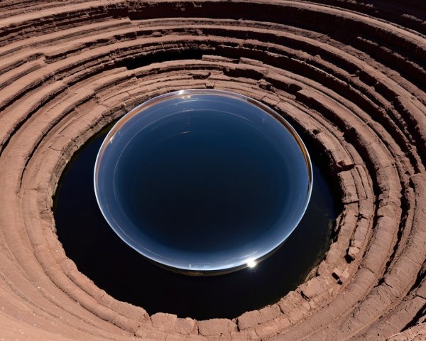 Deep Circular Hole with Dark Water and Layered Rocks