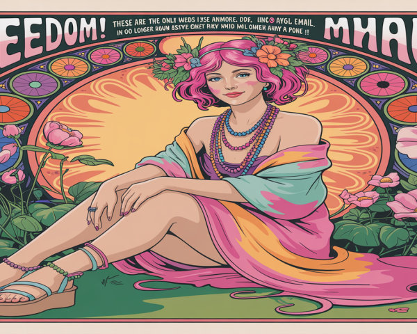 Retro Illustration of Woman with Pink Hair and Flowers