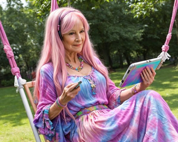 Elderly Woman with Pink Hair on Swing in Park