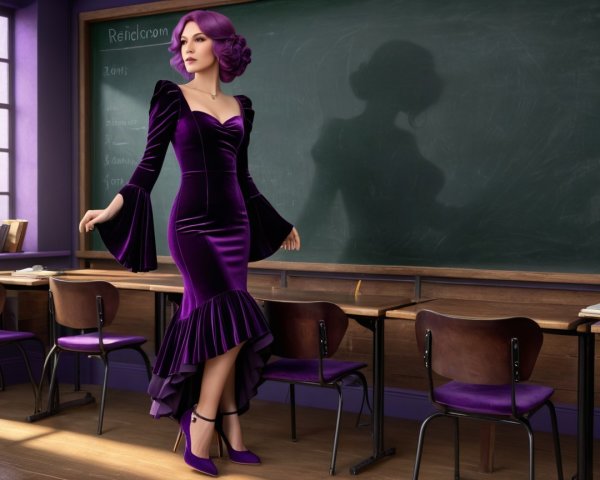 Woman in Purple Velvet Dress in Classroom Setting