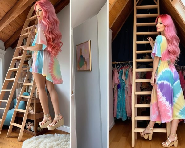 Life-sized mannequin in colorful attic with plush toys