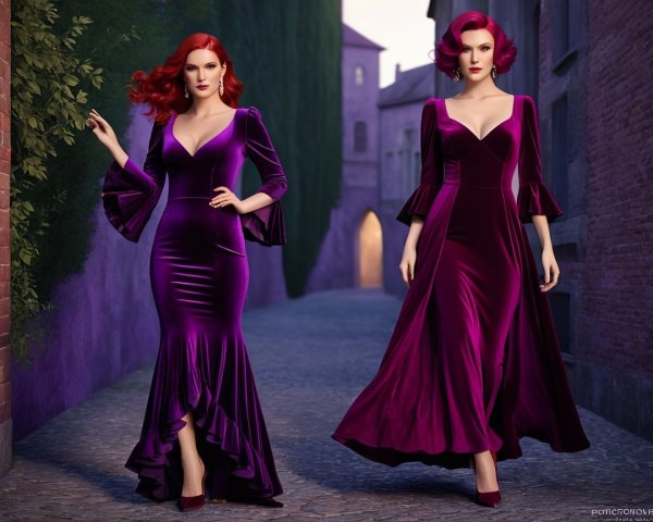 Elegant Women in Purple Velvet Dresses in Alleyway