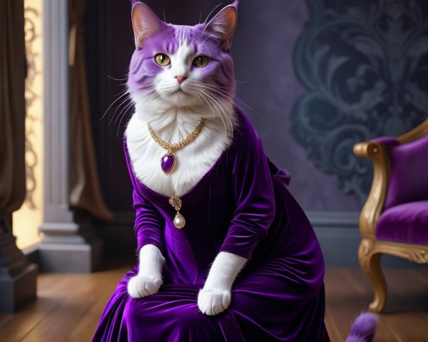 Regal Cat in Purple Dress with Luxurious Accessories