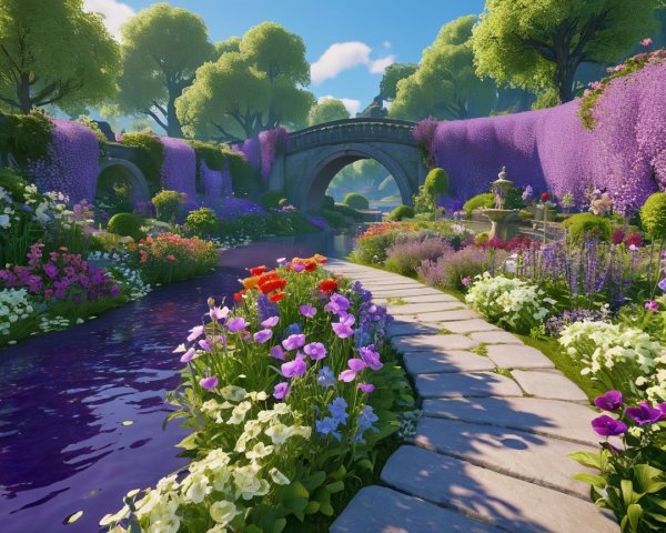 Serene Garden Pathway with Lush Greenery and Flowers
