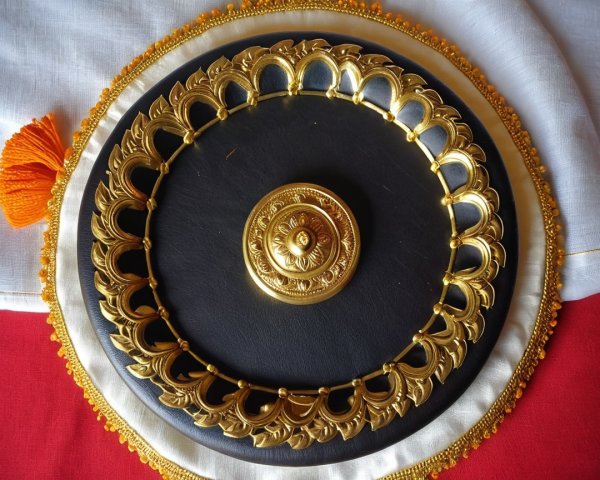 Ornate Decorative Item with Golden Border and Fabrics