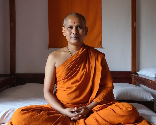 Serene monk in orange robe in minimalistic room
