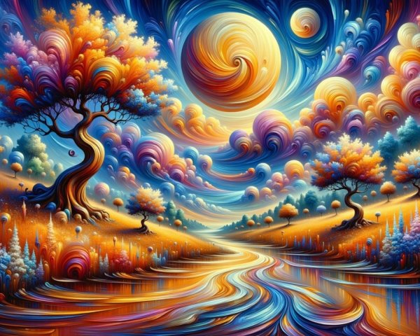 Vibrant Landscape with Whimsical Trees and Moon